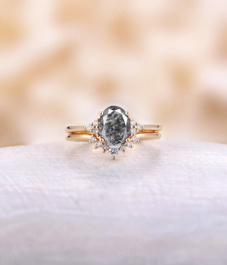 Vintage Salt & Pepper Diamond Engagement Ring Set Oval Shape Yellow Gold Art Deco Cluster Matching Band Wedding Bridal