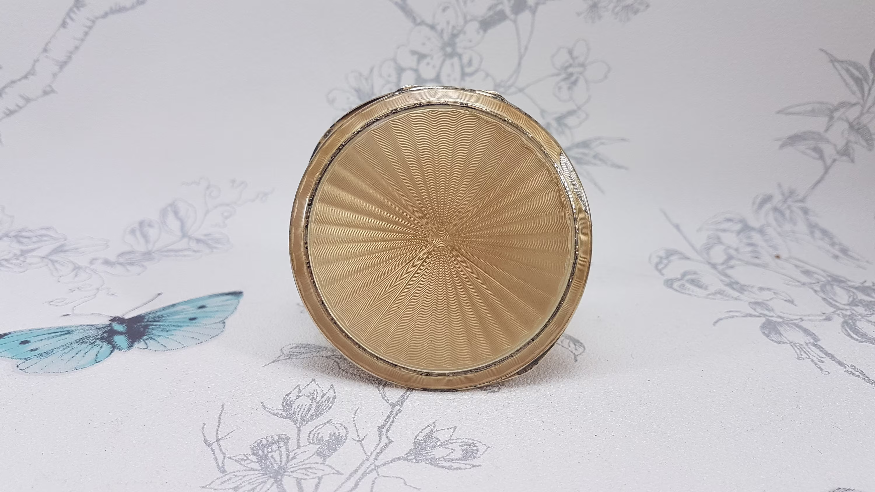 Art Deco Sterling Silver Guilloche Powder Compact, Gilt Compact Mirror With Gold Enamel Lid, Albert Carter 1941