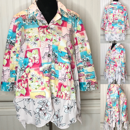 Pink Aqua Women's Summer Jacket Upcycled Travel Vacation Print Cotton Light Weight Pink Black Hibiscus Peplum A Line