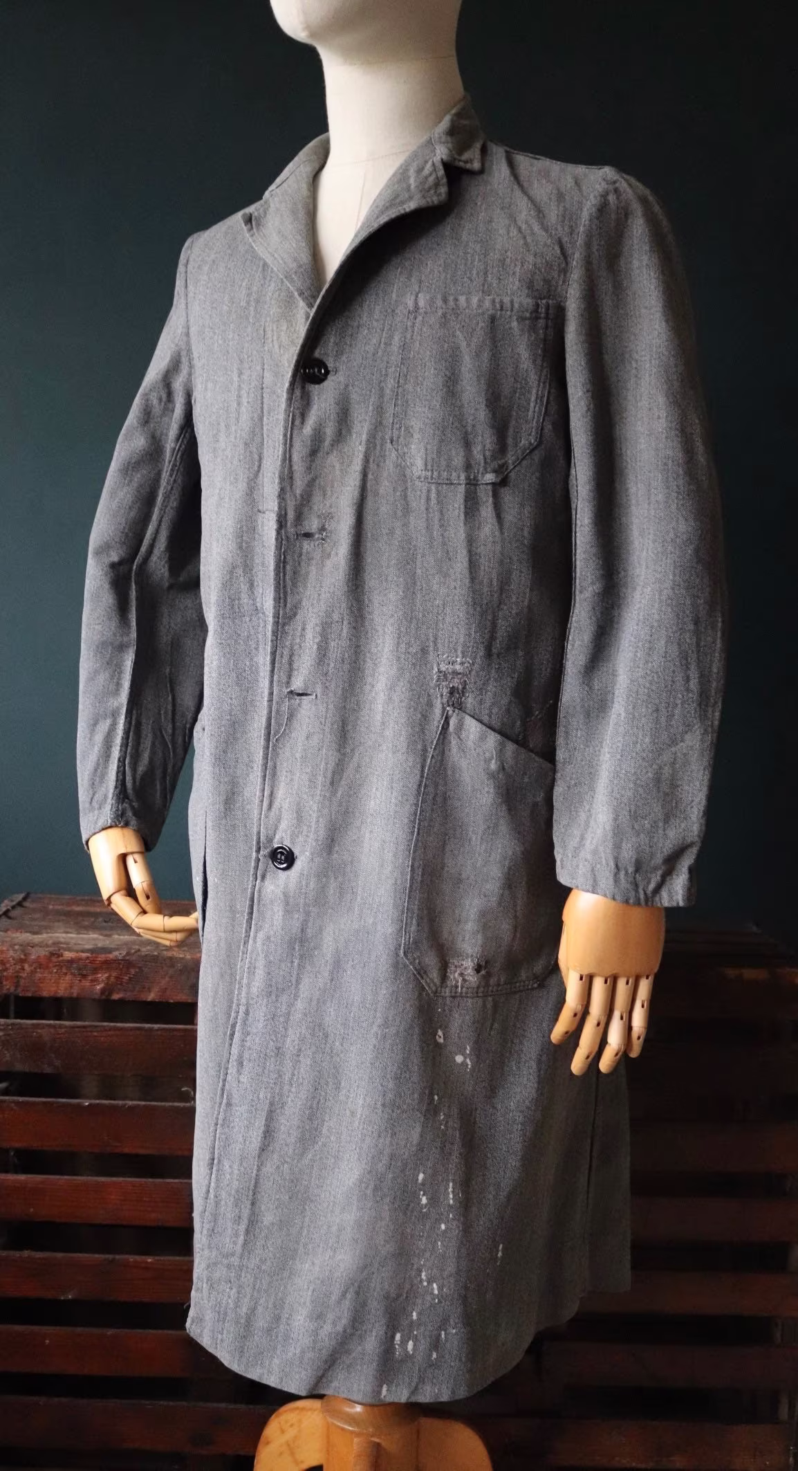 Vintage 1950S 50S French Salt Pepper Grey Work Coat Jacket Overall Workwear Factory Machinist Shopkeeper 40