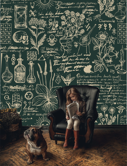Green & Beige Medicine Herbal Theme Wallpaper, Retro Style Mural | Self-Adhesive, Removable, Peel & Stick Wall
