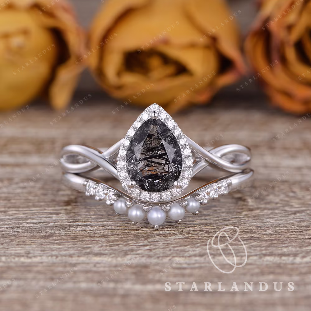 Unique Salt & Pepper Quartz Pearl Stacking Rings Pear Shaped Bridal Set 2Pcs White Gold Infinity Engagement Ring Alternating Wedding Band