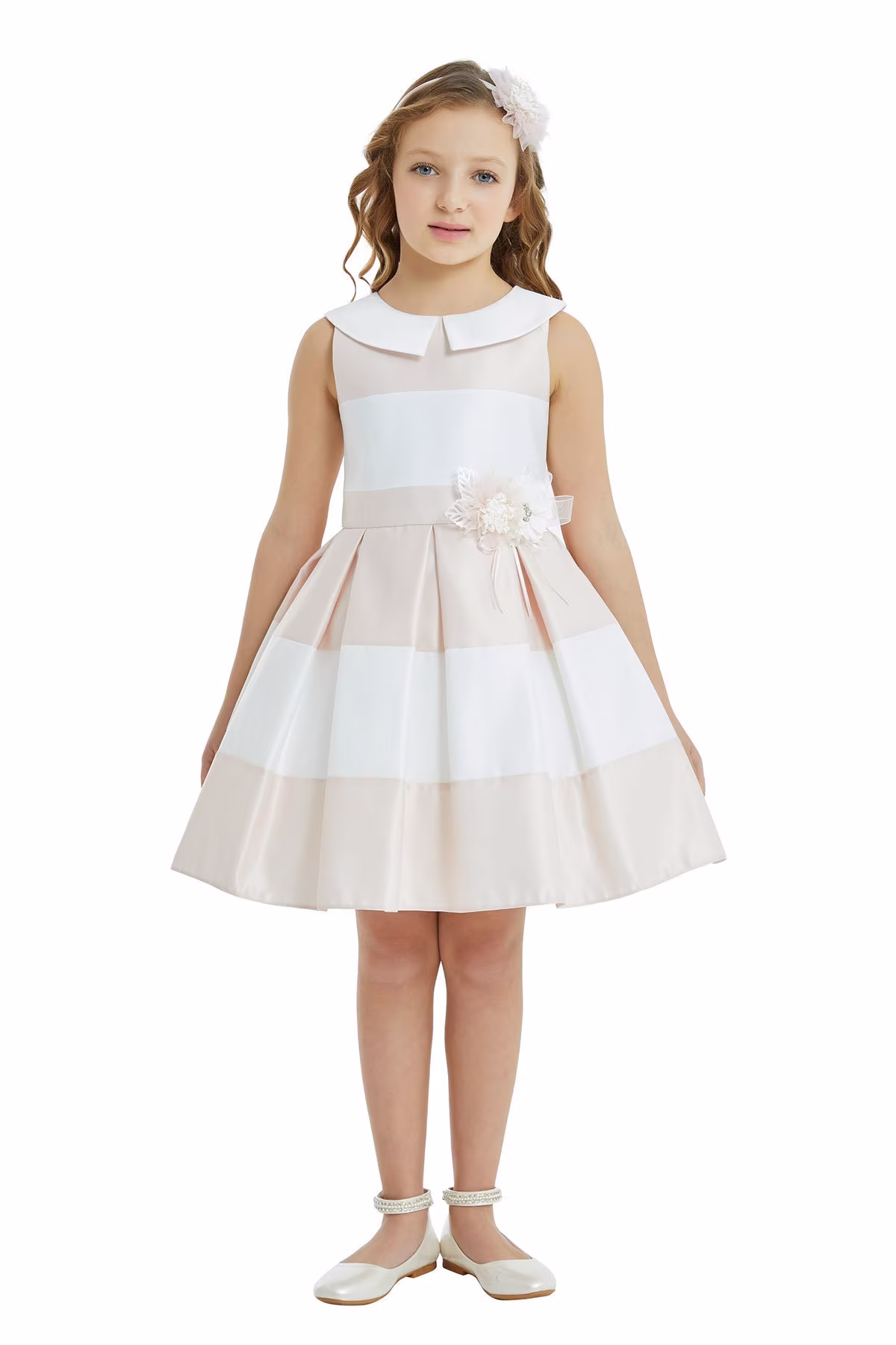 Flower Girls Wedding Sleeveless Puffy Peter Pan Collar Midi Dress in Powder Pink