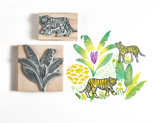 Tiger & Leopard Rubber Stamps With Jungle Leaves