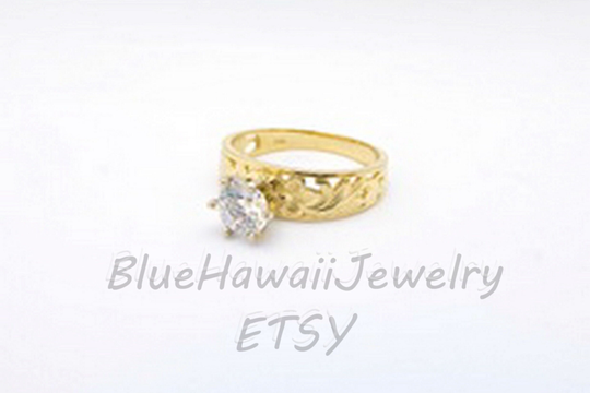 6mm Cutout Hawaiian Princess Tapered Ring W Flowers 14Ky Gold Or Black Edge W Cz in Prong Made To Order