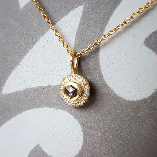 Hexagon Salt & Pepper Diamond Necklace . Rose Cut Pendant Solitaire Geometric Jewelry Halo Bridal