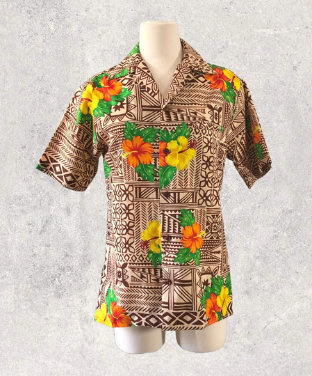 Vintage Orange & Yellow Hibiscus Tiki Hawaiian Shirt, Hilo Hattie's, Hawaii Button Unisex, 38 Inch Bust