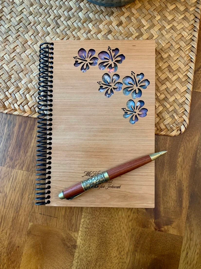 Cherry Wood Notebook With "Hibiscus