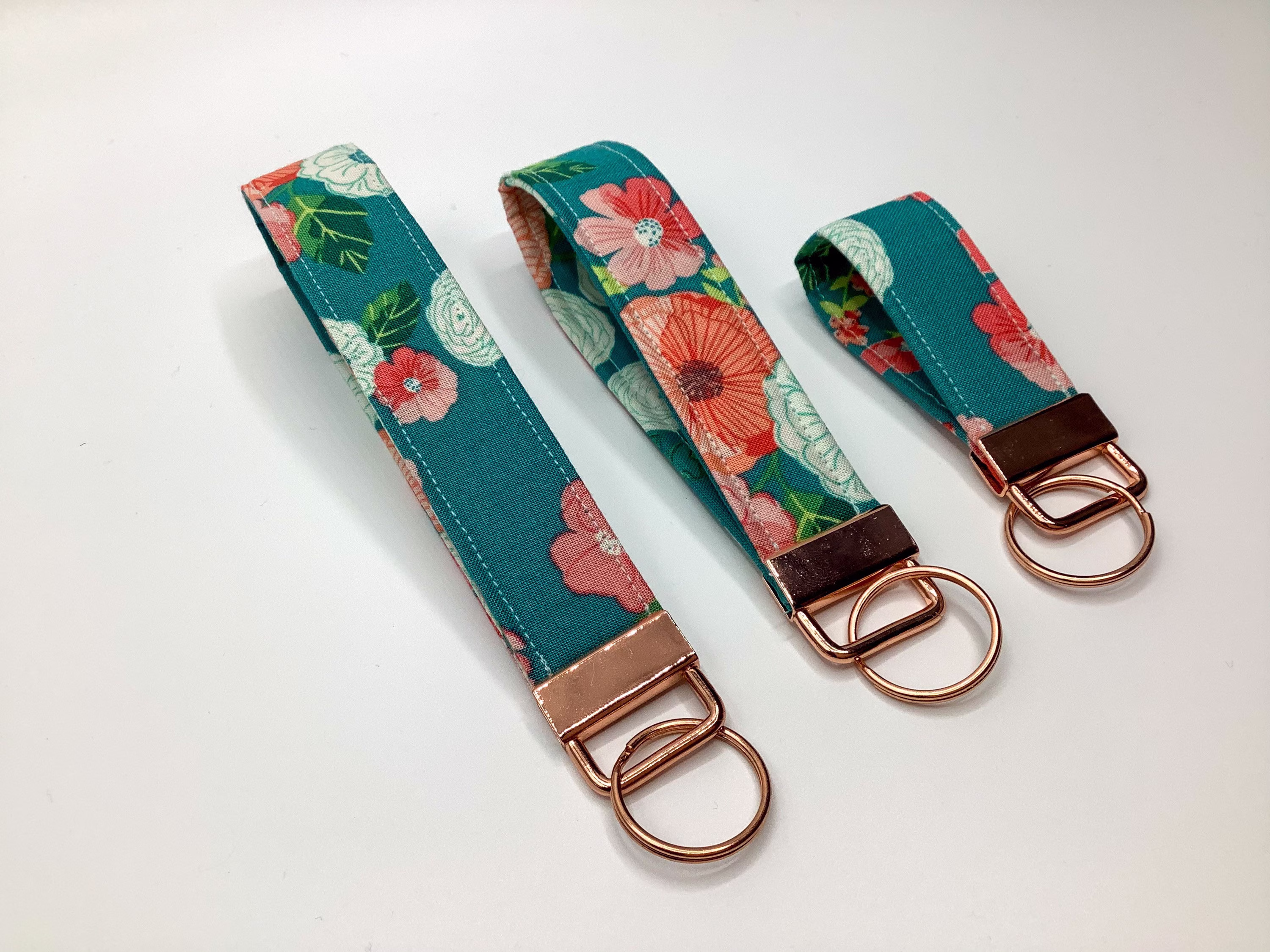 Hibiscus Floral Teal & Coral Key Fob Wrist Strap Lanyard With Optional Tassel Personalized Charm; Wristlet Rose Gold Chain