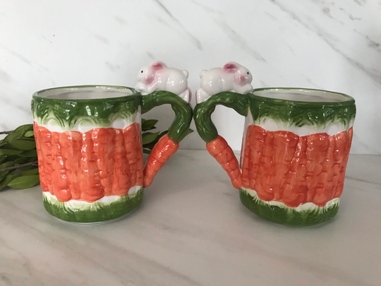 Vintage Ceramic Bunny Coffee Or Tea Mugs With Carrot Handle & Inside. Marked Taiwan Novelty 1970's. Set Of Two