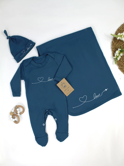 Personalised 100% Organic Cotton Love Heart Loop Babygrow With Optional Hat & Blanket Gift Box | New Baby Boy Coming Home Outfit