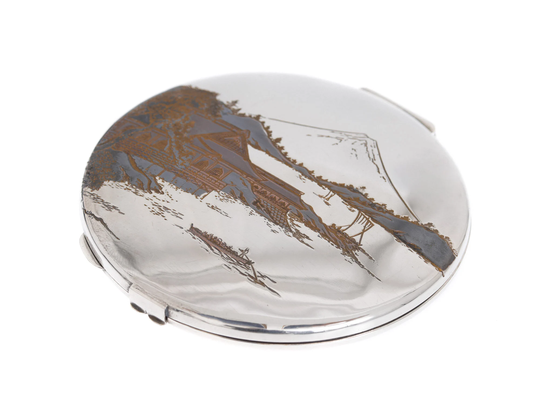 Antique Japanese Silver Powder Compact in Case With Mount Fuji Scenic