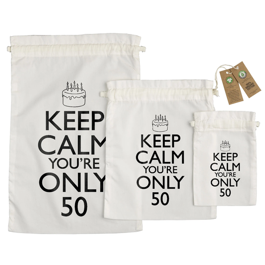 50Th Birthday Gift Bags - Large Medium Small Eco Friendly Gifts 100% Organic Cotton Drawstring Presents Bag For Him Her Keep Calm 50