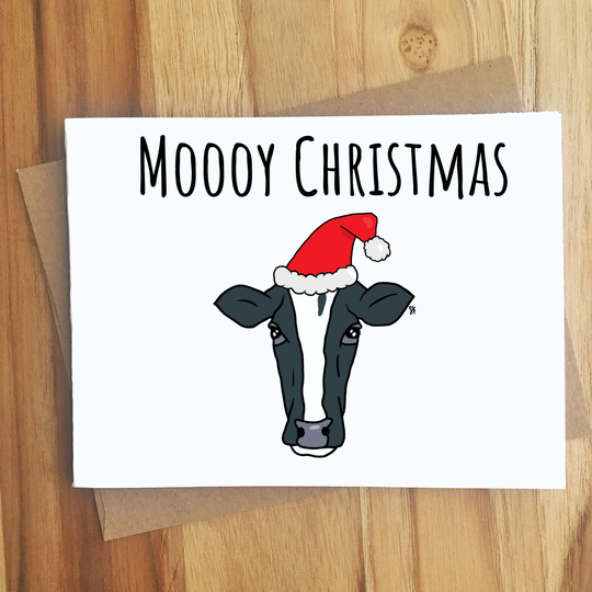 Moooy Christmas Cow Pun Greeting Card/Handmade Xmas Gift Funny Farm Animal Happy Holidays Season's Greetings Santa Claus