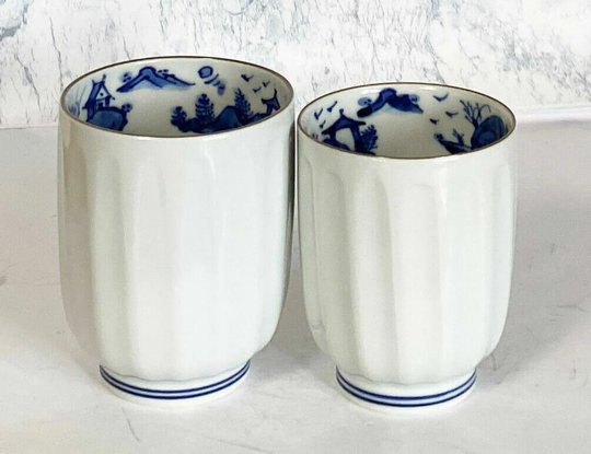 Pair White Blue Porcelain Sansui Inside Yunomi Tea Cup Kyo Kiyomizu Yaki Japan