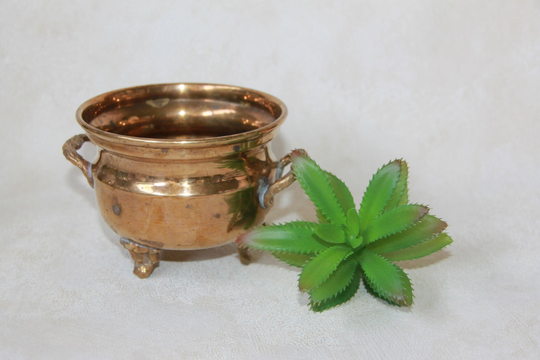 Vintage Brass Indoor Planter - Round Plant Pot With Feet & Handles Boho Decor