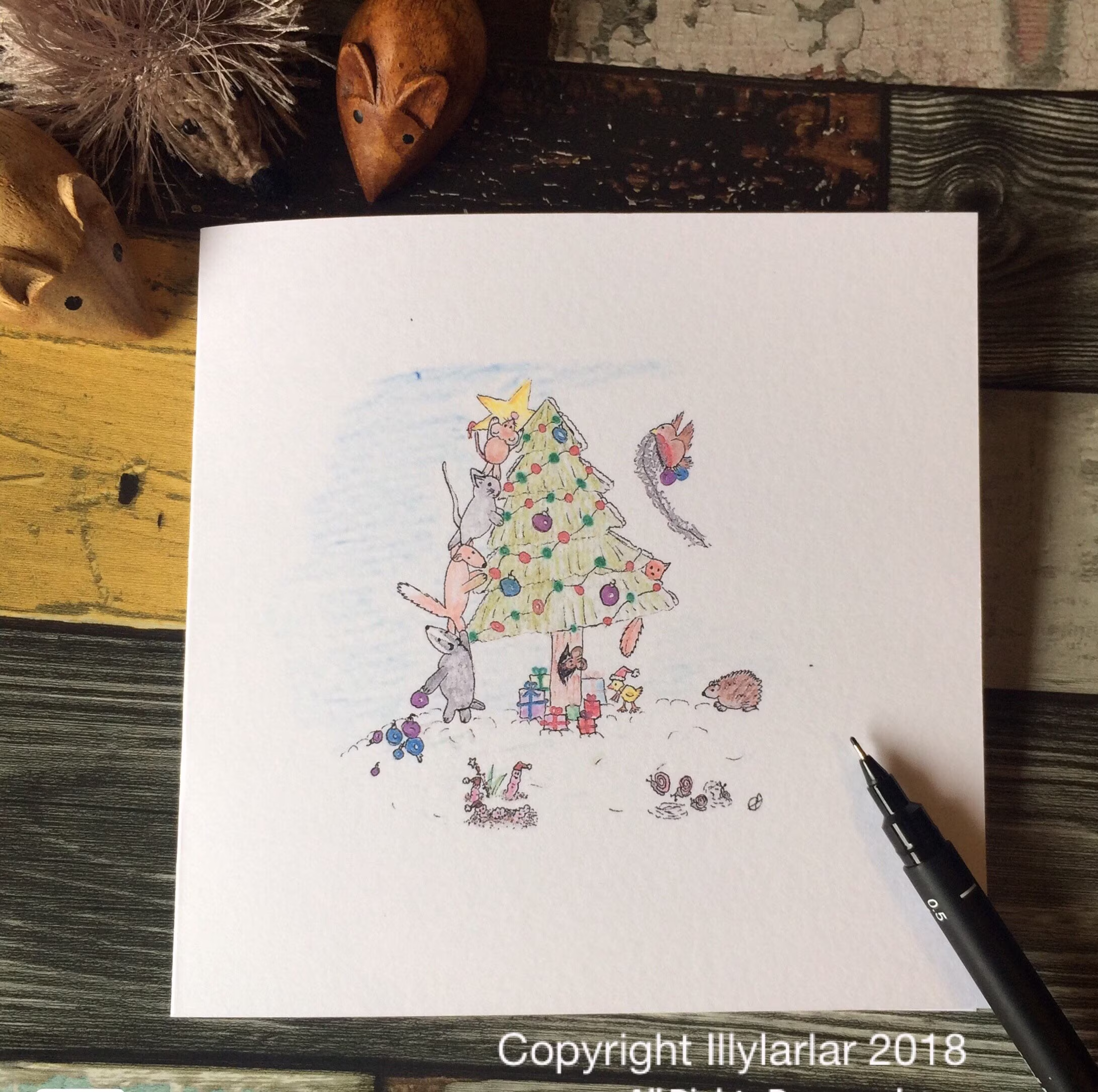 Delicately Hand Drawn Nature Christmas/Season Card -Blank Inside