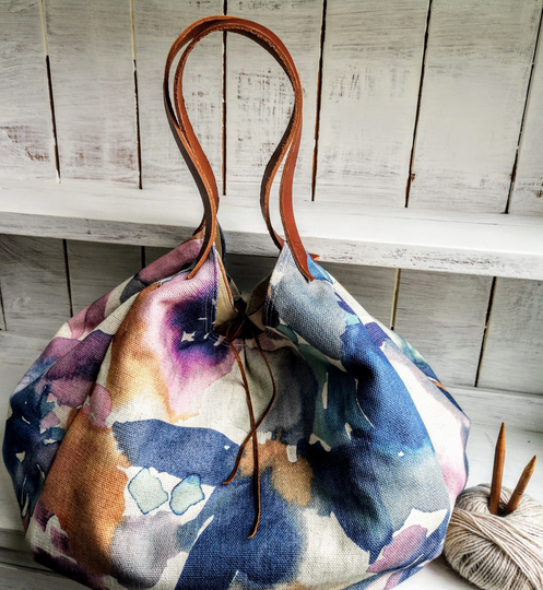Luxury Linen Bag Watercolor Woven Floral Giant Tote Extra Large Knitting Crochet Storage Needle Organizer Hook Pockets Wool Yarn Holder