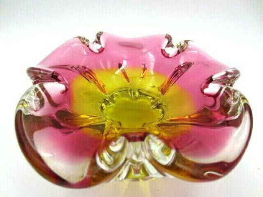 Chribska Organic Footed Round Pink Amber Murano Sommerso Style Art Glass Bowl