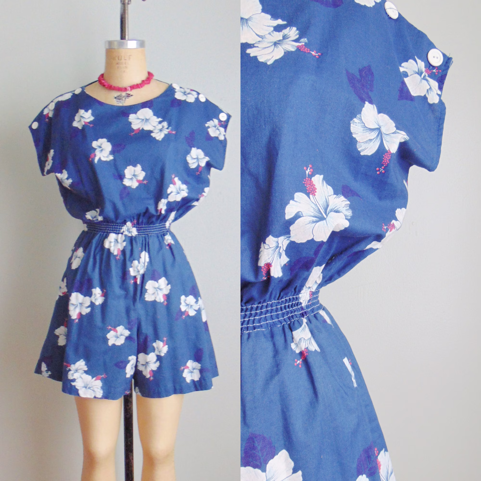 Retro 1980's Navy Blue Hawaiian Floral Print. Capped Sleeve. Step In. Tropical Romper. Size Small/Medium