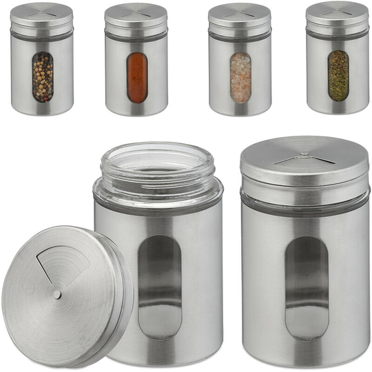 Spice jars, set of 6, 3 shaker functions, herbs & spices, xl spice shakers, glass & stainless steel, silver - Relaxdays
