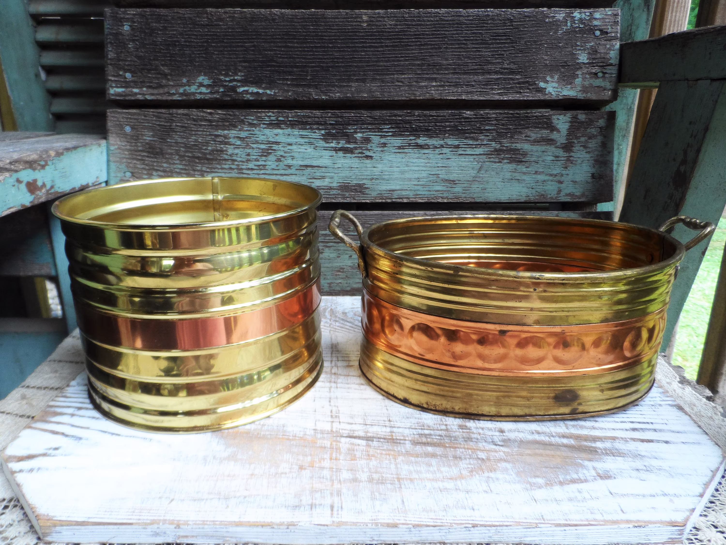 Vintage Brass & Copper Planter Set Flower Container Lacquered Band Banded Home Decor Pot Indoor Boho Bohemian Chic