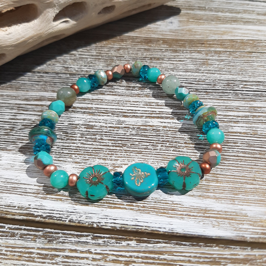 Turquoise Bracelet, Flower Turquoise Jewelry, Bee Copper Beaded Stretch Bracelet