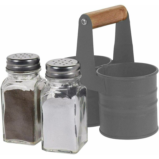 Geezy - Glass Salt and Pepper Shaker Set with Metal Tin Storage Holder - Grey