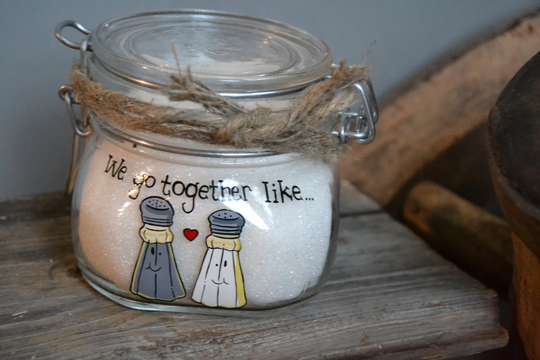 Hand Painted Storage Glass Jar Wedding Favor Gift For Lovers in Or Anniversary Like Salt & Pepper