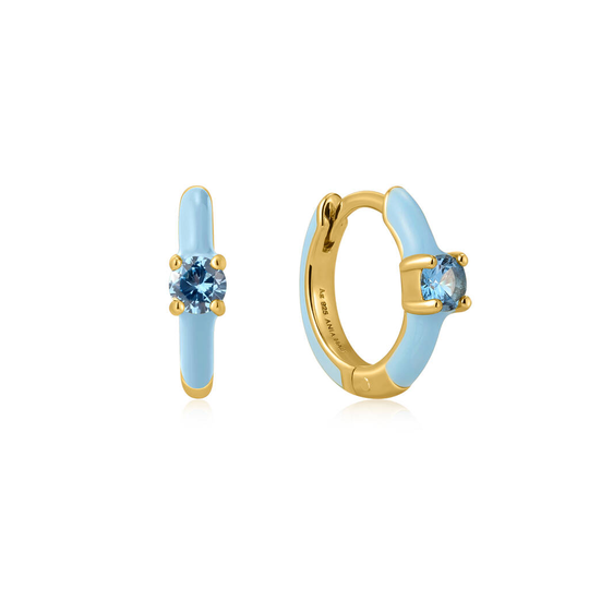 Powder Blue Enamel Gold Plated 925 Huggie Hoop Earrings, Gold