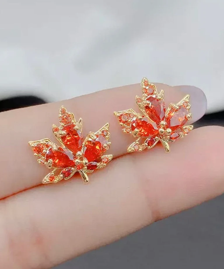 18K Gold Autumn Maple Leaf Stud Earrings - Colourful Amber Crystal Fall Season Gift For Her
