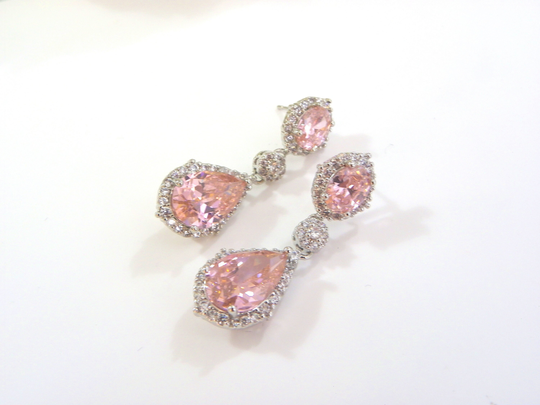Powder Pink Crystal Earrings Drop, Pink Blush Women, Cz Wedding, Bridal Prom Earrings, Soft