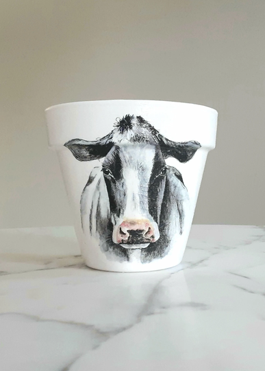 Cow Clay Pot-6 Inch, Decor, Diary Cows, Flower Pot, Gifts, Farmhouse Farm Animals, Cows, Decoupage Pots, Terracotta