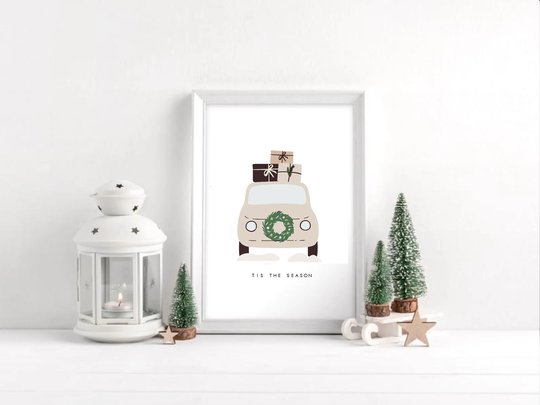 Tis The Season Driving Home For Christmas Vintage Car/Festive Shelfie Decorative Print
