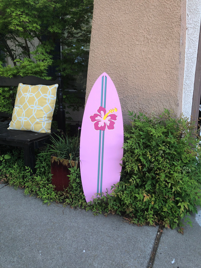 Custom Engraved Pink Surf Board With Decorative Hibiscus Outdoor Wood Poolside Decor