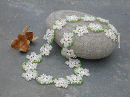 Cow Parsley Necklace, Czech Seed Bead in Frosted White, Champagne Yellow & Colour Lined Green Seed Beads, UK Seller
