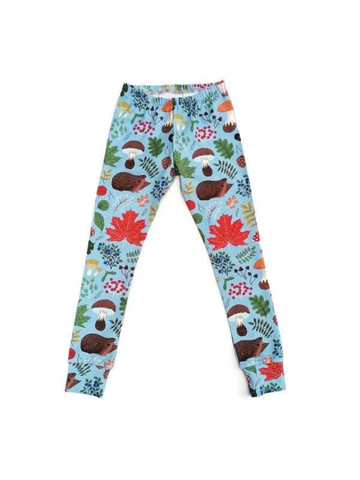 Autumnal Print Leggings in Organic Cotton Jersey, Unisex Baby & Kids Leggings, Handmade The Uk. Hedgehogs, Squirrels Foliage