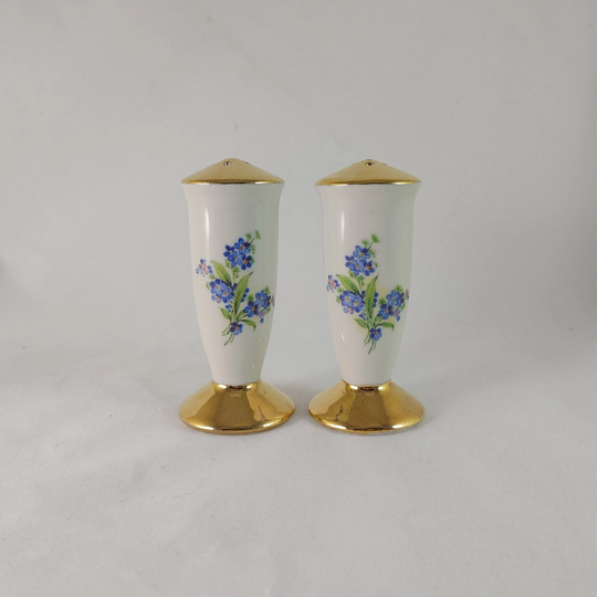 Vintage Holley Ross Salt & Pepper Shakers, Forget Me Not Blue Flowers, Floral Porcelain Gold Pottery