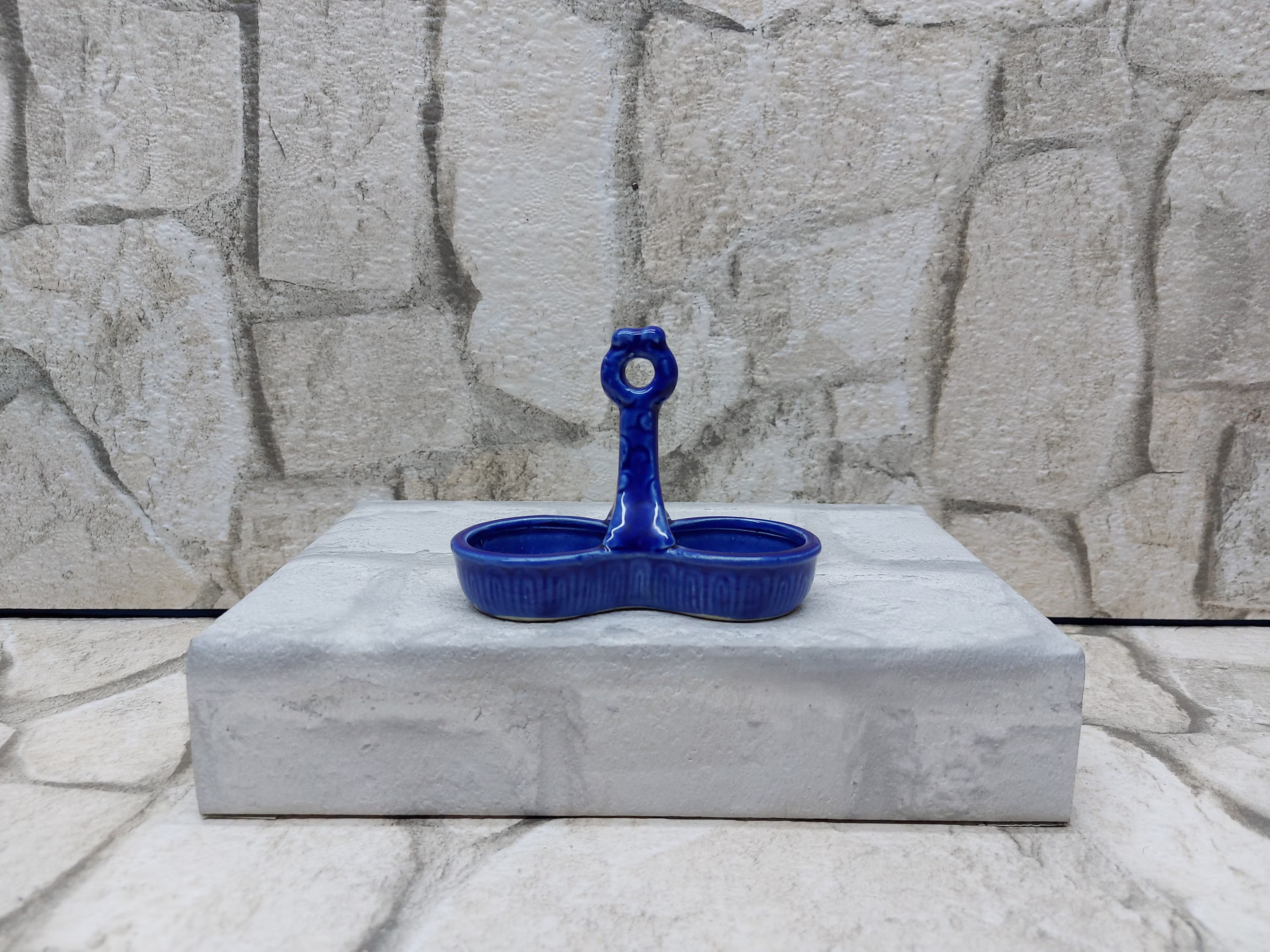 Made in Japan Vintage Salt Dish Dual Sided & Pepper Shakers Carriage Holder Blue Ceramic