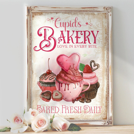 Cupid's Bakery Sign, Valentine's Day Home Decor Print, Love Cake Seasonal Decor, Bakery, Kitchen Wall Art