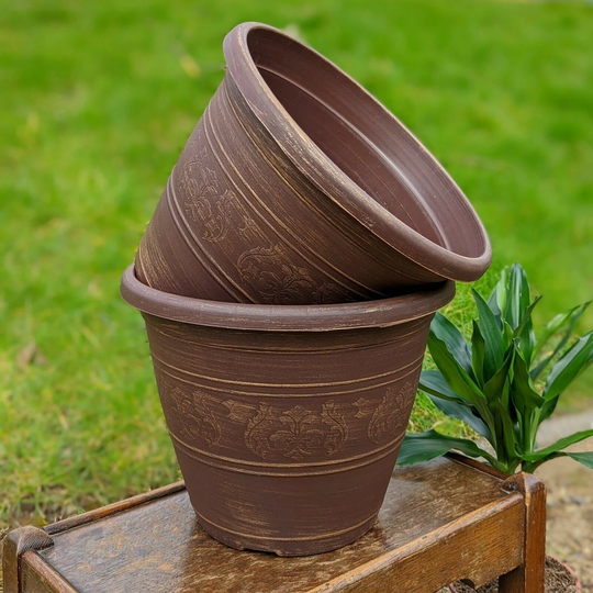 Set Of 2 7.5L Copper Brown Plastic Plant Pot 28cm Godiva Round Garden Planter