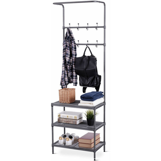 2-in 1 Entryway Coat Hat Shoes Rack 3 Tier Metal Storage Shelf Organizer Rack