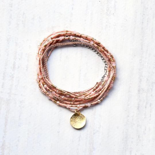 Peach Seed Bead Bracelet, Beaded Wrap Versatile Multi Strand Necklace Or 3x Bracelet For Women
