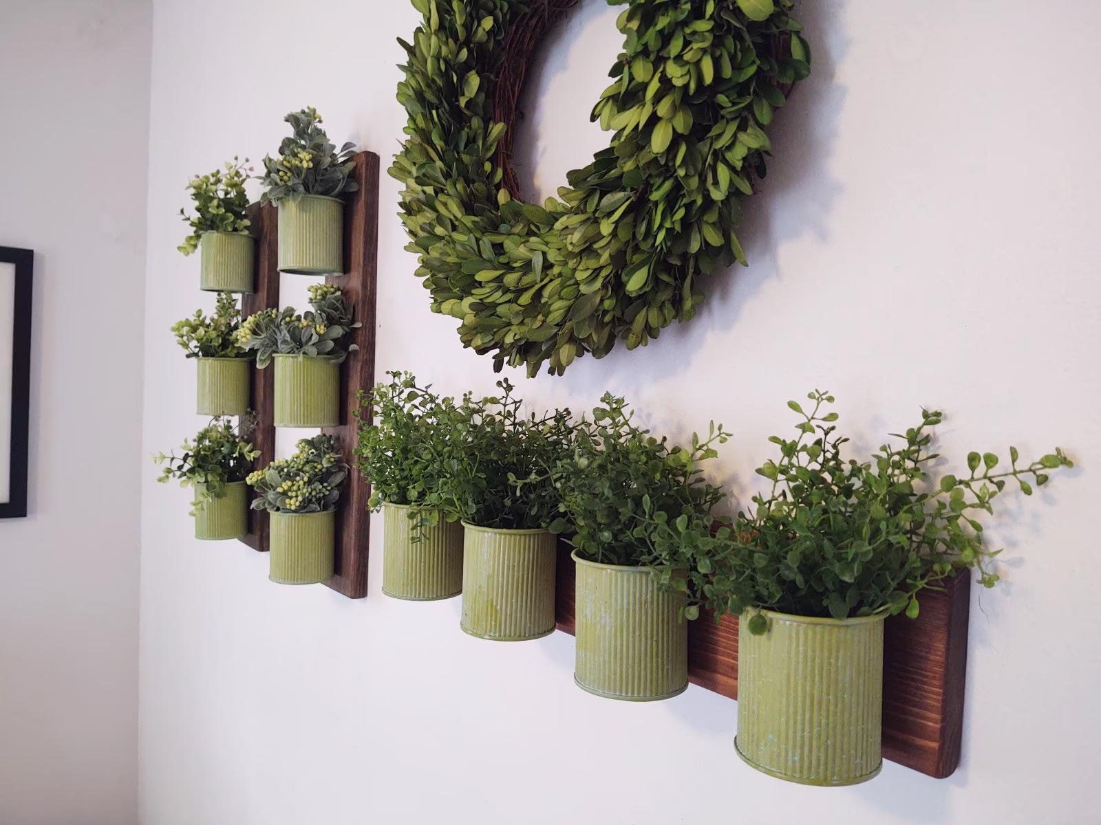 Modern Farmhouse Kitchen Decor, Faux Greenery Wall Rustic Tins With Flowers, Farmhouse Herb Garden