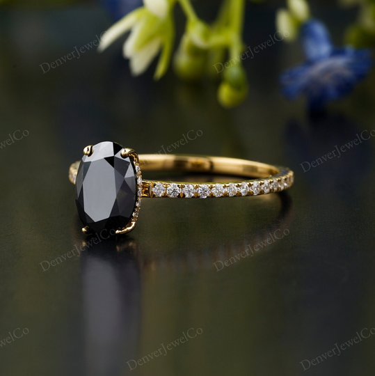 Salt & Pepper Diamond Ring, Oval Cut Moissanite Half Eternity Wedding Gift 14K Yellow Gold Ring Anniversary For Her