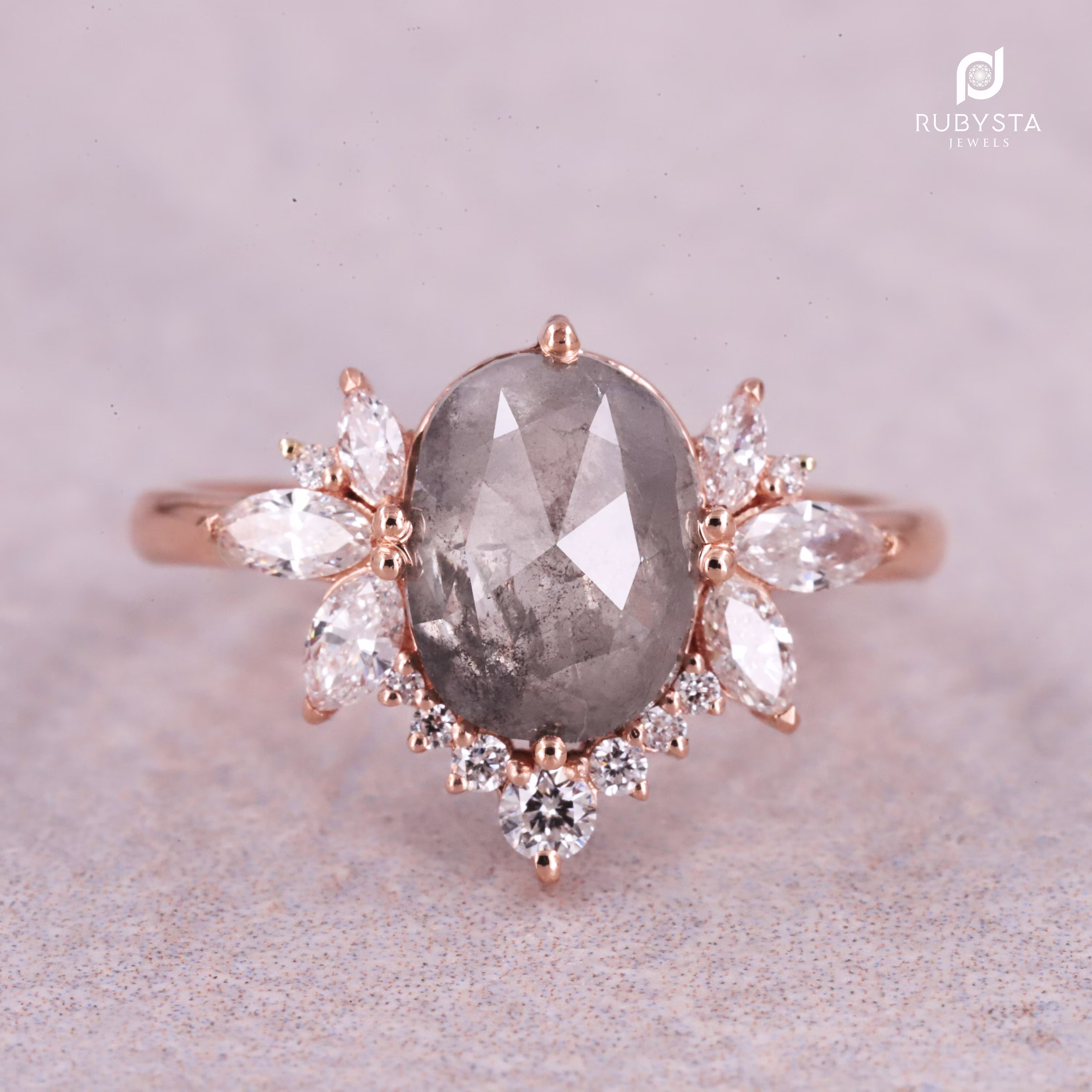 Salt & Pepper Diamond Ring | Engagement Oval Black Art Deco Natural