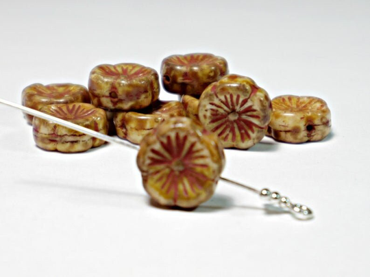 12mm Caramel Brown W/Picasso Finish & Red Wash, Hibiscus Hawaiian Flower Czech Glass Beads | 6Pc, Diy Jewelry Bead Supply