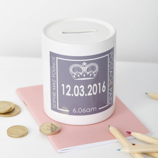 Personalised Baby Birth Details Money Box, Powder Blue/Blue/Pink