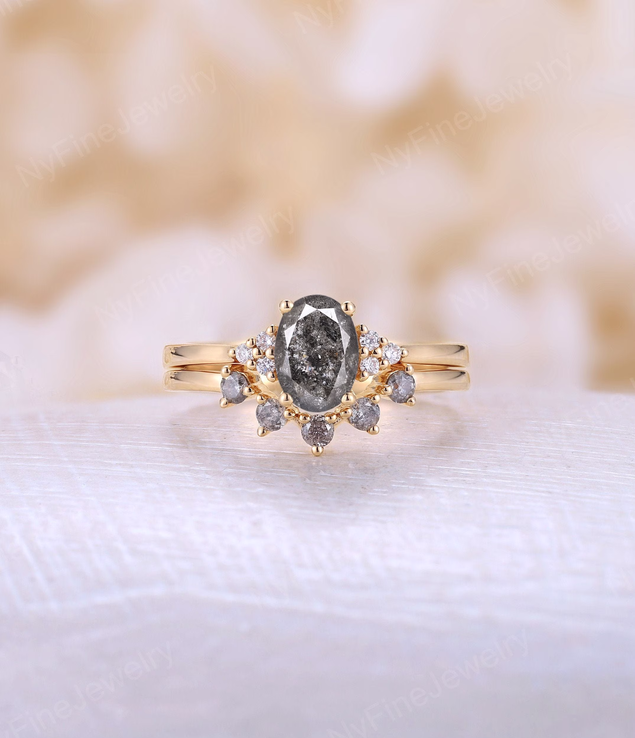 Vintage Salt & Pepper Diamond Engagement Ring Set Oval Shaped Yellow Gold Cluster Wedding Unique Curved Band Bridal