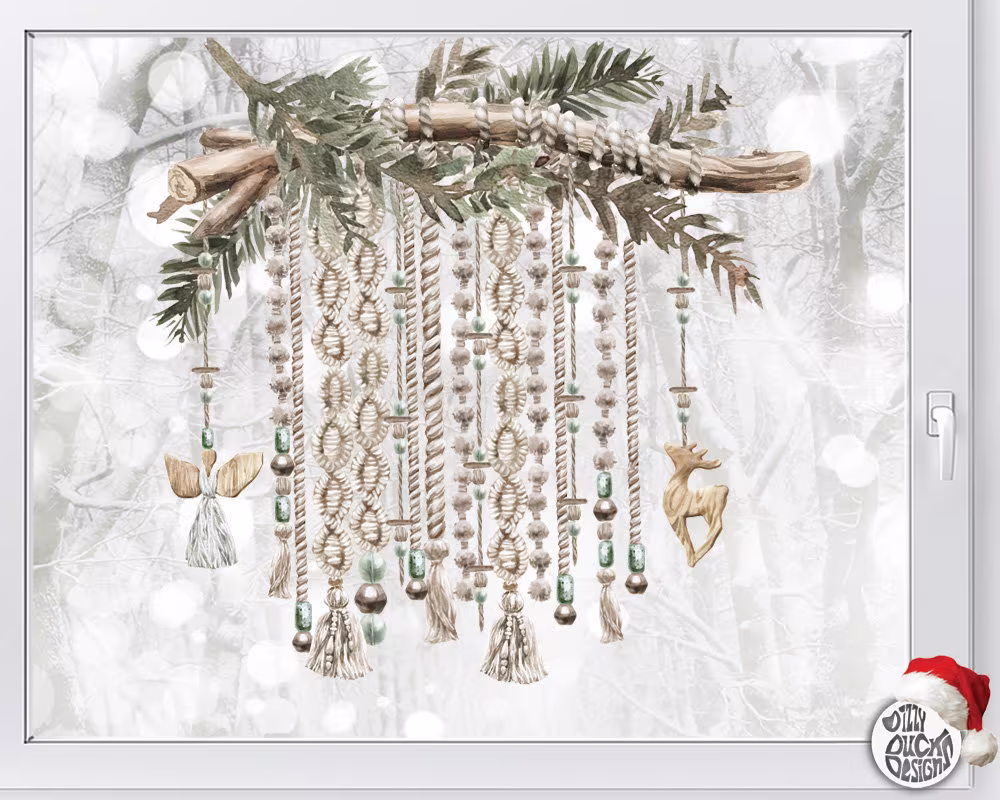 Boho Christmas Macrame Window Decal - Classy Watercolour Xmas Stickers Reusable Seasonal Clings By Dizzy Duck